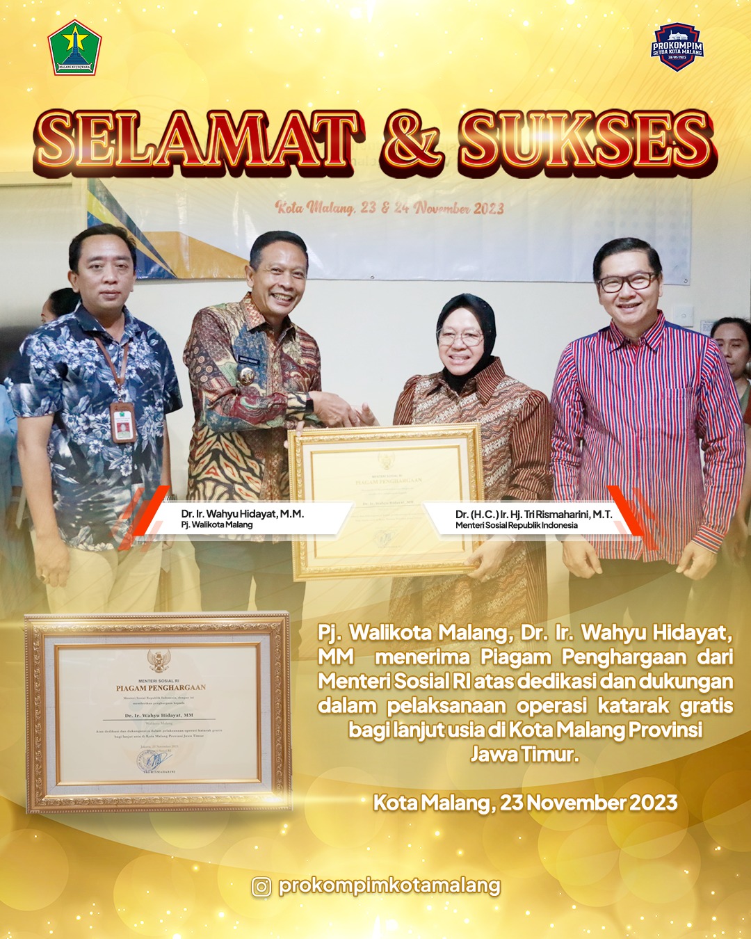 Pj. Walikota Malang Wahyu Hidayat Terima Penghargaan Dari Menteri Sosial RI